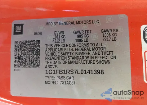 2020 Chevrolet Camaro Rwd 1Lt z USA, uszkodzony, nr VIN 1G1FB1RS7L0141398